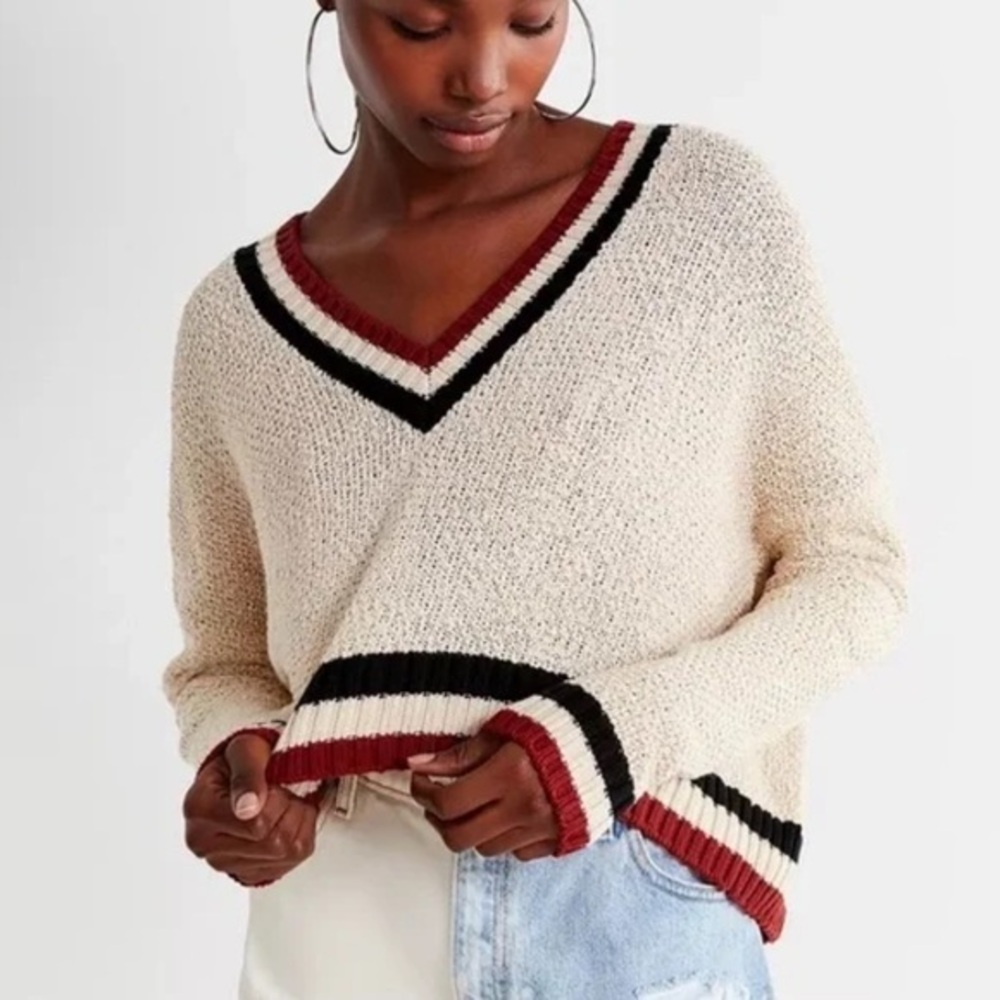Urban Outfitters Cropped Varsity Striped V-Neck Sweater SIZE XS
